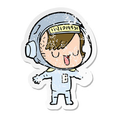 distressed sticker of a cartoon astronaut woman