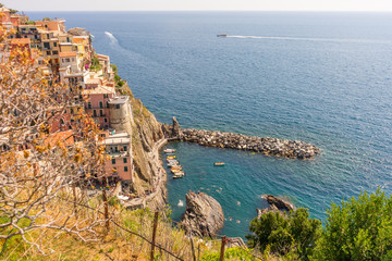 Italy, Cinque Terre, Manarola, Manarola, HIGH ANGLE VIEW OF BUILDINGS BY SEA