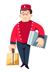 Hotel worker bellboy or porter isolated male character in uniform
