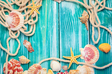 Fototapeta na wymiar Different sea shells on color wooden background