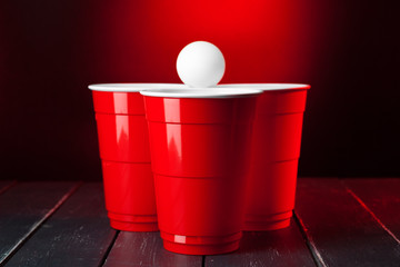 Cups for game Beer Pong on the table