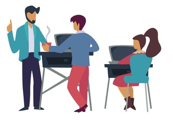 Office workers woman at laptop and colleagues talking business