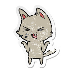 distressed sticker of a cartoon cat hissing