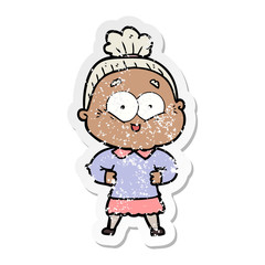 distressed sticker of a cartoon happy old woman