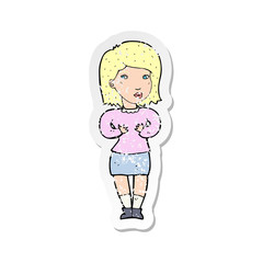 retro distressed sticker of a cartoon woman making excuses
