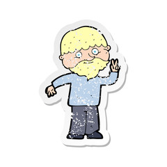 retro distressed sticker of a cartoon man giving peace sign