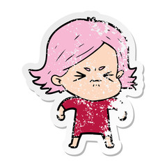 distressed sticker of a cartoon angry woman