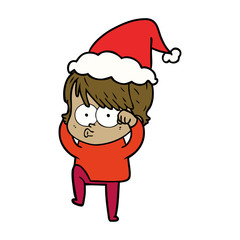 line drawing of a woman wearing santa hat