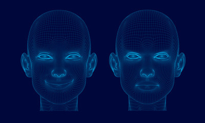 Two wireframe of the head of the girl from the blue lines on a dark background. Polygonal girl heads with a smile and anger on her face. 3D. Vector illustration