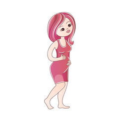 Pregnant woman in pink dress isolated on white. Vector illustration.