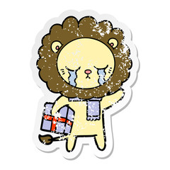 distressed sticker of a crying cartoon lion