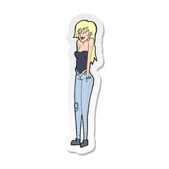 sticker of a cartoon pretty woman shrugging shoulders