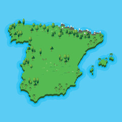 Obraz premium Spain map with geographic landscape on blue sea background. Illustration spanish map with nature landscape and blue sea.