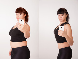 Comparison before and after weight loss. Thick and thin woman. Fat deposits on the abdomen and...