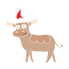 flat color illustration of a bull wearing santa hat