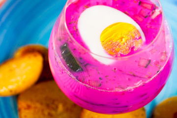verrin glass with Belarusian cold borsch with egg and baked potatoes