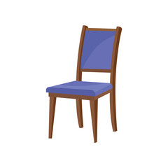 Flat vector icon of classic wooden chair with backrest and soft blue upholstery. Furniture for dining room