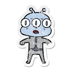 distressed sticker of a cartoon three eyed alien