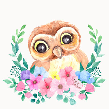 Watercolor illustration cute owl and spring flowers