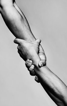 Rescue, helping gesture or hands. Strong hold. Two hands, helping hand of a friend. Handshake, arms, friendship. Friendly handshake, friends greeting, teamwork, friendship. Close-up. Black and white