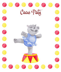 Watercolor illustration cute circus hippo