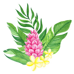 Watercolor illustration pretty tropical flowers and leaves