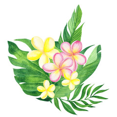 Watercolor illustration pretty tropical flowers and leaves