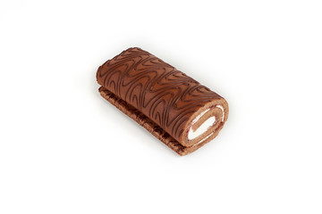 Chocolate biscuit roll cake isolated on white background.