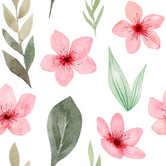 Seamless Pattern of hand drawn watercolor cherry blossom, delicate flowers and leaves. Design for wedding invitation, fabric, packaging, textile, cover, postcard, paper, greeting cards, blog.