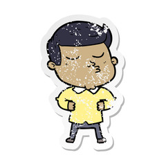 distressed sticker of a cartoon model guy pouting