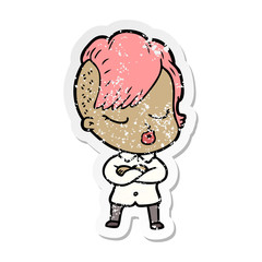 Obraz premium distressed sticker of a cartoon pretty hipster girl