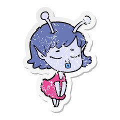 distressed sticker of a cute alien girl cartoon