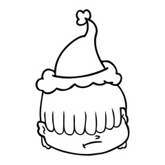 line drawing of a face with hair over eyes wearing santa hat