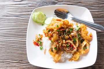 Rice, fried seafood, chili, salt and garlic of Thailand