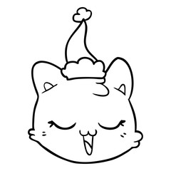 line drawing of a cat face wearing santa hat