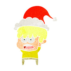 worried retro cartoon of a boy wearing santa hat