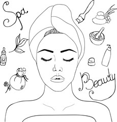 illustration on the theme of beauty, self-care, spa salons, relaxation. Painted elements can be used for business cards, flyers, salon ads, web sat, background.