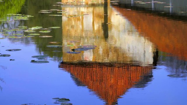 Beautiful pond with flowers  reflects an old house