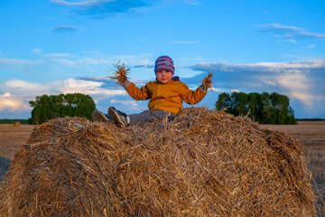 boy having fun on the haystack. Haystack in wheat field on forest and blue sky background