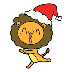 happy line drawing of a lion wearing santa hat