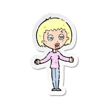recommend clip art: retro distressed sticker of a cartoon suspicious woman