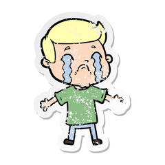 distressed sticker of a cartoon man crying