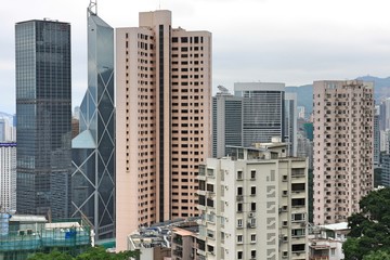 Cityscape of high rise and skyscraper buildings in downtown Hong Kong Island