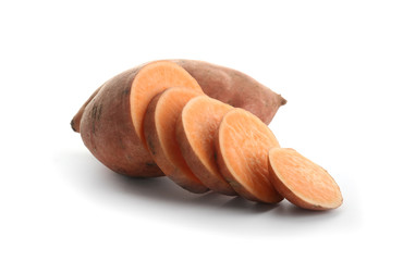 Raw sweet potato on white background