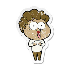 distressed sticker of a cartoon happy man