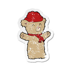 retro distressed sticker of a cartooon teddy bear in hat and scarf