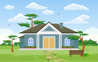 Beautiful Modern House Exterior Facade Yard Residential Illustration