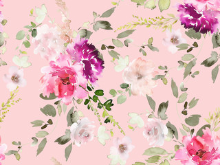 Seamless summer pattern with watercolor flowers handmade.