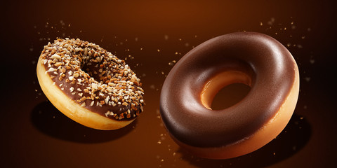 Flying donuts with chocolate glazed, sprinkled nuts and splatters of glaze. Sweet food concept....