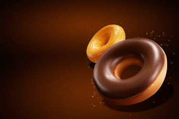 Flying donuts with chocolate glazed, sprinkled nuts and splatters of glaze. Sweet food concept....
